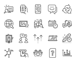 Vector set of Unknown file, Calendar and Graph chart line icons set. Teamwork questions, Search map and Sales diagram icons. Survey results, Project deadline and Search signs. Vector