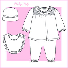 Baby fashion flat sketch, Baby girl clothes design VECTOR. You can use it as a base in your collection, color it as you wish and place your print pattern.