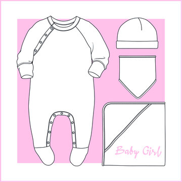 Baby fashion flat sketch, Baby girl clothes design VECTOR. You can use it as a base in your collection, color it as you wish and place your print pattern.