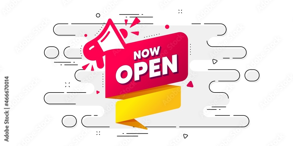 Poster now open banner. geometric ad banner on flow pattern. announcement notice tag. megaphone message ico