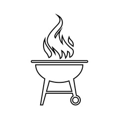 Grill icon with fire. Round grill with a burning flame for cooking meat and vegetables on fire and coals. Grill for outdoor cooking. Vector illustration isolated on a white background for design.