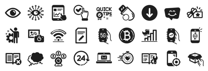 Fototapeta na wymiar Set of Technology icons, such as Loyalty gift, Bitcoin, Eye icons. Photo camera, Seo phone, Flash memory signs. Quick tips, Edit document, Financial app. Mail, Hold box, Smile chat. Timer. Vector
