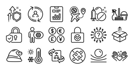 Report document, Cogwheel and Hold heart line icons set. Secure shield and Money currency exchange. Elastic material, Question mark and Weather thermometer icons. Vector