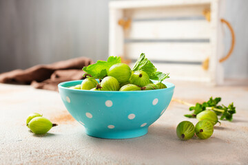Fresh gooseberries in blue bowl. Top view.