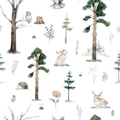 Watercolor Woodland animals seamless pattern. Fabric wallpaper background with Owl, hedgehog, fox and butterfly, bird baby animal, Scandinavian Nursery