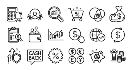Accounting report, Buy currency and Budget profit line icons set. Secure shield and Money currency exchange. Piggy sale, Cashback and Calculator alarm icons. Vector