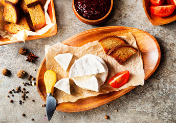 Camembert cheese. Round brie or camambert cheese. Selective focus