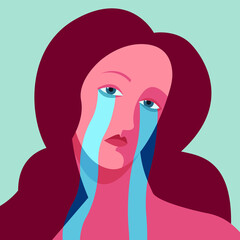 vector flat design image on the theme of mental health and domestic violence. beautiful woman with tears flowing from her eyes isolated on blue background violence against women abuse, harassment.