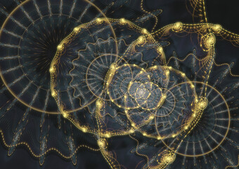 Golden abstract mechanical fractal, time and steampunk background