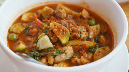 chicken soup. The close up of Thai spicy chicken curry. Real Thai taste.
