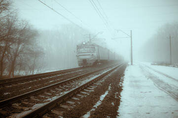 Naklejka na ściany i meble Railroad tracks vanishing into the perspective. Winter, Snow-covered railway. On railway tracks moving train. Duotone imge.
