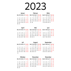 German calendar for 2023. Week starts on Monday. Vector illustration.