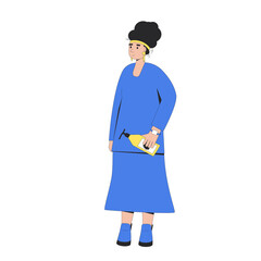 Young woman with dark curly hair holding a bottle with hairstyling product.