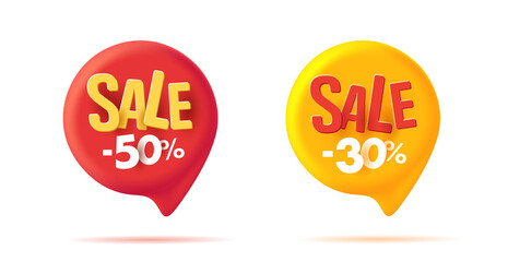 Set of 3d speech bubbles tags illustration withdiscount off 30 and 50 percent, in red and yellow colors