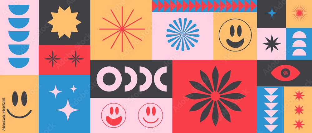 Poster cool retro geometric hipster pattern background. bauhaus collage composition. abstract pop art illus