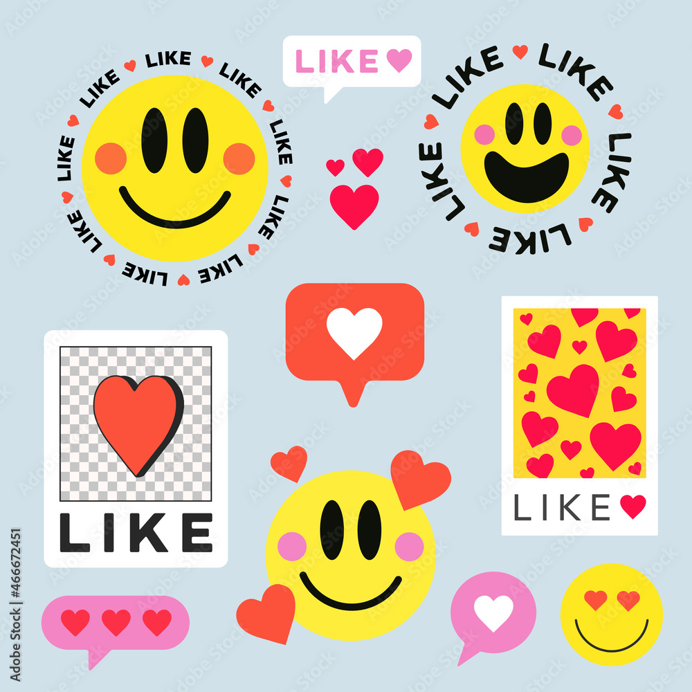 Aufkleber set of like emoticon stickers vector design. social network patches and pins. abstract background wi