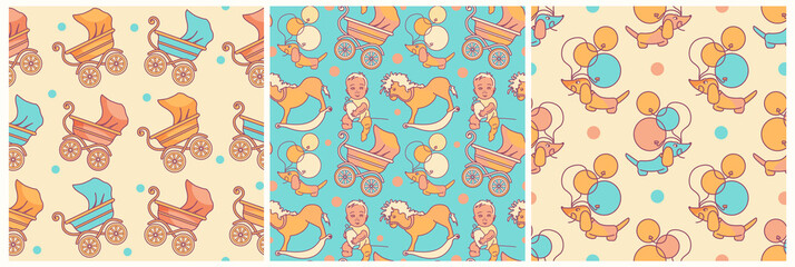 Seamless pattern set. Pastel color illustration with Newborn child, cartoon animals and baby toys. Used for cover, baby shower card, invitation, packaging. 