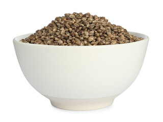 Ceramic bowl with chia seeds isolated on white. Cooking utensil