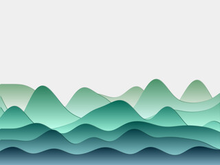Abstract mountains background. Curved layers in blue green colors. Papercut style hills. Attractive vector illustration.