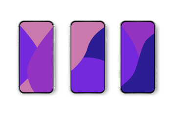 Colorful mockup of realistic cell phone. Isolated trendy pink phone templates. Vibrant colored mobile set phones.