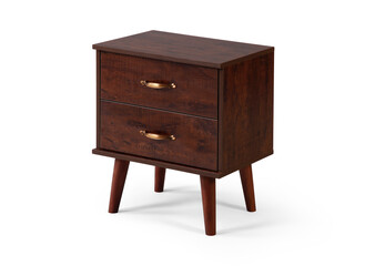 brown wood bedside table . Modern designer nightstand isolated on white background corner view. cabinet with two drawers