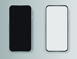 Isolated cell phone, black and white mockups. Isolated empty cellular templates. Realistic silver phone mockup for presentation.