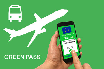 A man's hand holds a smartphone with the digital green pass for Covid-19 of the European Union on a...