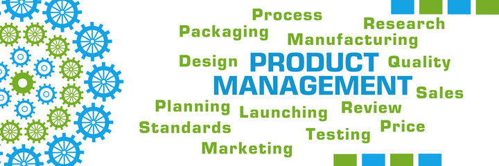 Product Management Word Cloud Green Blue Gears Circular
