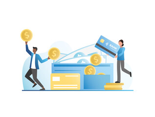 Vector, successful, happy people are standing, jumping near large wallet with cash, holding, tossing money, gold coins. Friends rejoice in wealth. Woman with credit, debit card pays for purchases.
