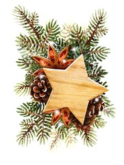 Watercolor cliparts. Print. Christmas composition, fir branches, bells, holly, mistletoe, spices