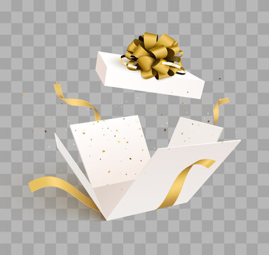Open gift box with confetti burst explosion isolated. 3d vector background.