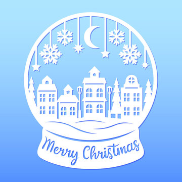 Snow globe with winter city. Paper cut template. Vector illustration. For postcard, window and wall decorations. Merry Christmas phrase. Holidays symbols. Houses, snowflakes,moon.