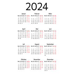 German calendar for 2024. Week starts on Monday. Vector illustration.