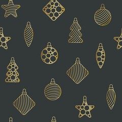 Golden Christmas toys on a dark background seamless festive pattern. Painted cut-out patterned baubles for decoration. Template for gift wrapping, fabric, wallpaper and design.