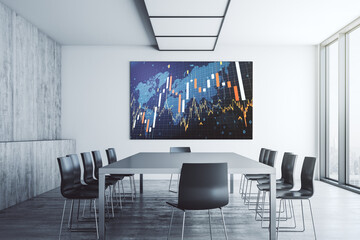 Abstract financial graph and world map on tv display in a modern presentation room, financial and trading concept. 3D Rendering