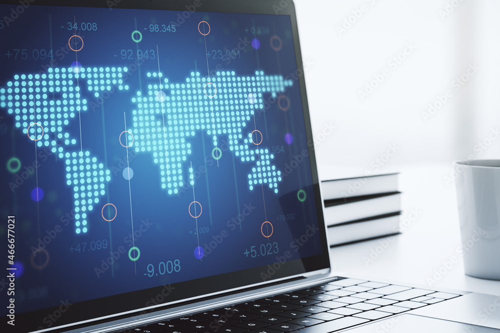 Aufkleber Abstract creative digital world map on modern laptop monitor, tourism and traveling concept. 3D Rendering