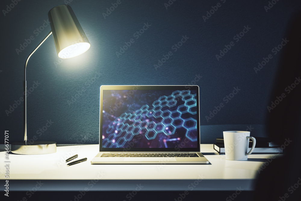 Poster creative abstract technology sketch with hexagon grid on modern laptop monitor, future technology an