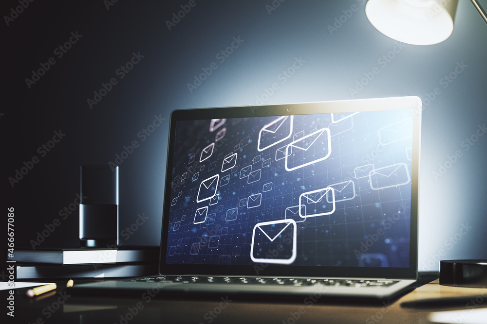 Poster creative abstract postal envelopes hologram on modern computer monitor, email and notification conce