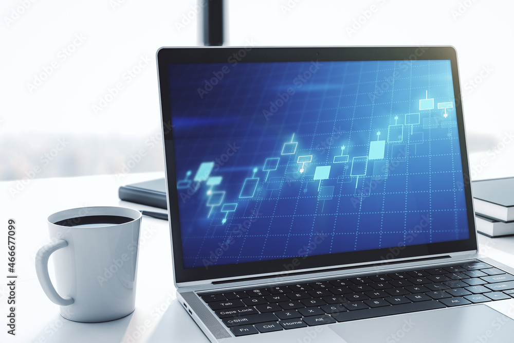 Poster computer monitor with abstract financial graph, finance and trading concept. 3d rendering