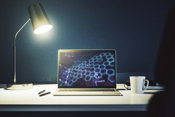 Creative abstract technology sketch with hexagon grid on modern laptop monitor, future technology and AI concept. 3D Rendering