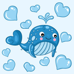 Flat card of little funny smiling whale with hearts
