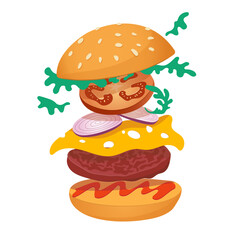 Delicious flying burger. Vector food illustration. Isolated on white background.