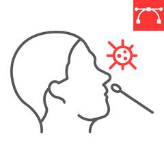 Nasal swab test line icon, diagnosis and covid, pcr test vector icon, vector graphics, editable stroke outline sign, eps 10.