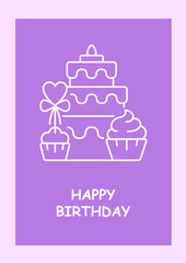 Happy birthday cute postcard with linear glyph icon. Anniversary wishes. Greeting card with decorative vector design. Simple style poster with creative lineart illustration. Flyer with holiday wish
