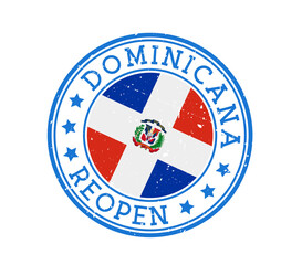 Fototapeta premium Dominicana Reopening Stamp. Round badge of country with flag of Dominicana. Reopening after lock-down sign. Vector illustration.
