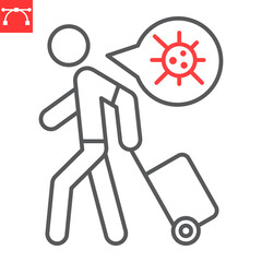 Tourist with virus line icon, covid-19 and travel ban, man with coronavirus vector icon, vector graphics, editable stroke outline sign, eps 10.