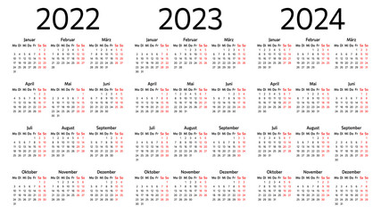 German calendars set for 2022, 2023, 2024. Week starts on Monday. Vector illustration.