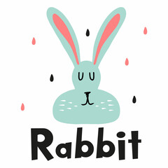 Childrens hand drawn poster with blue rabbit and stars. The illustration is suitable for, postcard, print, poster, label.