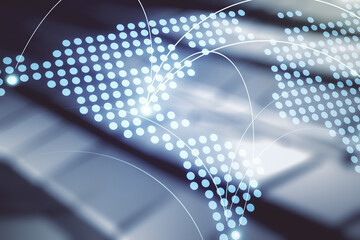 Abstract virtual world map with connections on blurry abstract metal background, international trading concept. Multiexposure