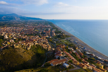 Aerial view of Scalea city and sea coast at sunse, province of Cosenza, Calabria region, south Italy.